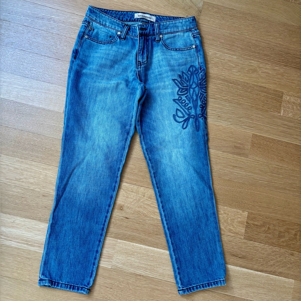 Liverpool Blue Floral Embroidered Cropped Jeans